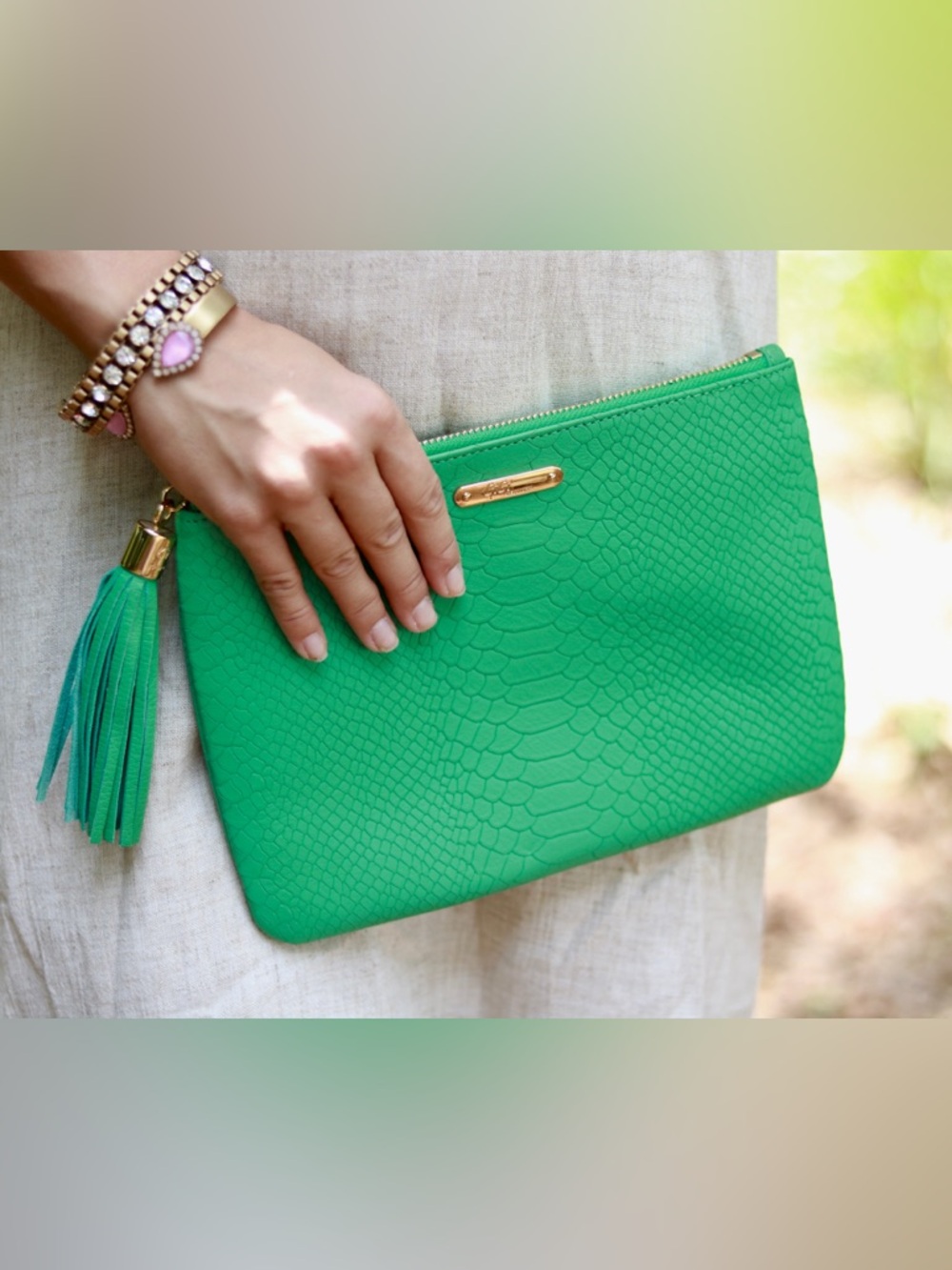 GiGi New York Bright Green Embossed Leather Clutch with Gold Accent